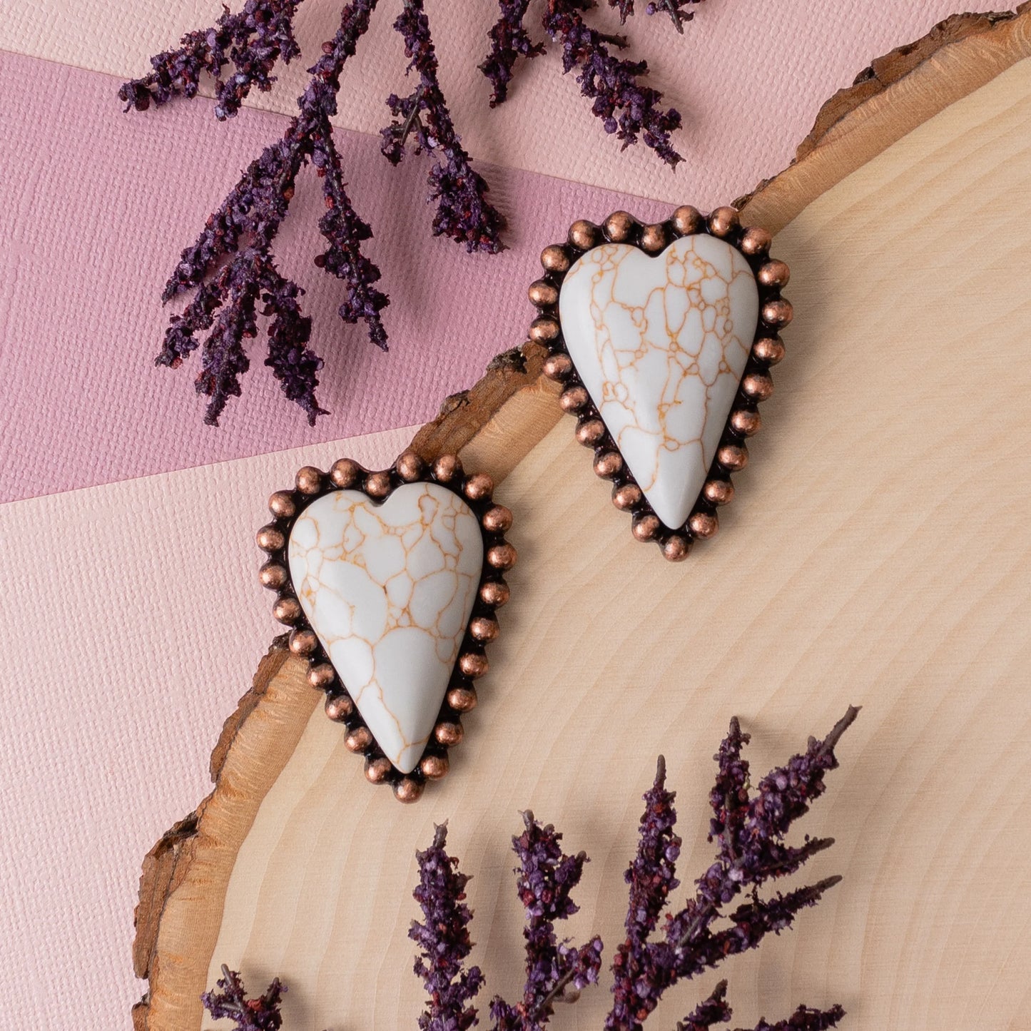 Copper & Ivory Crackle Stone Heart Post Earrings