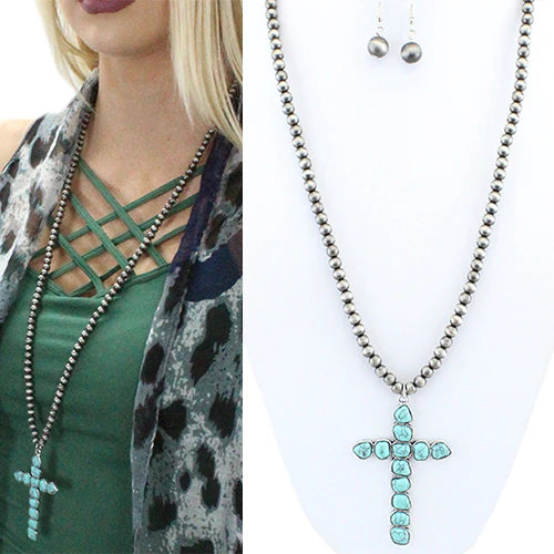 Beaded Silvertone & Turquoise Cross Necklace