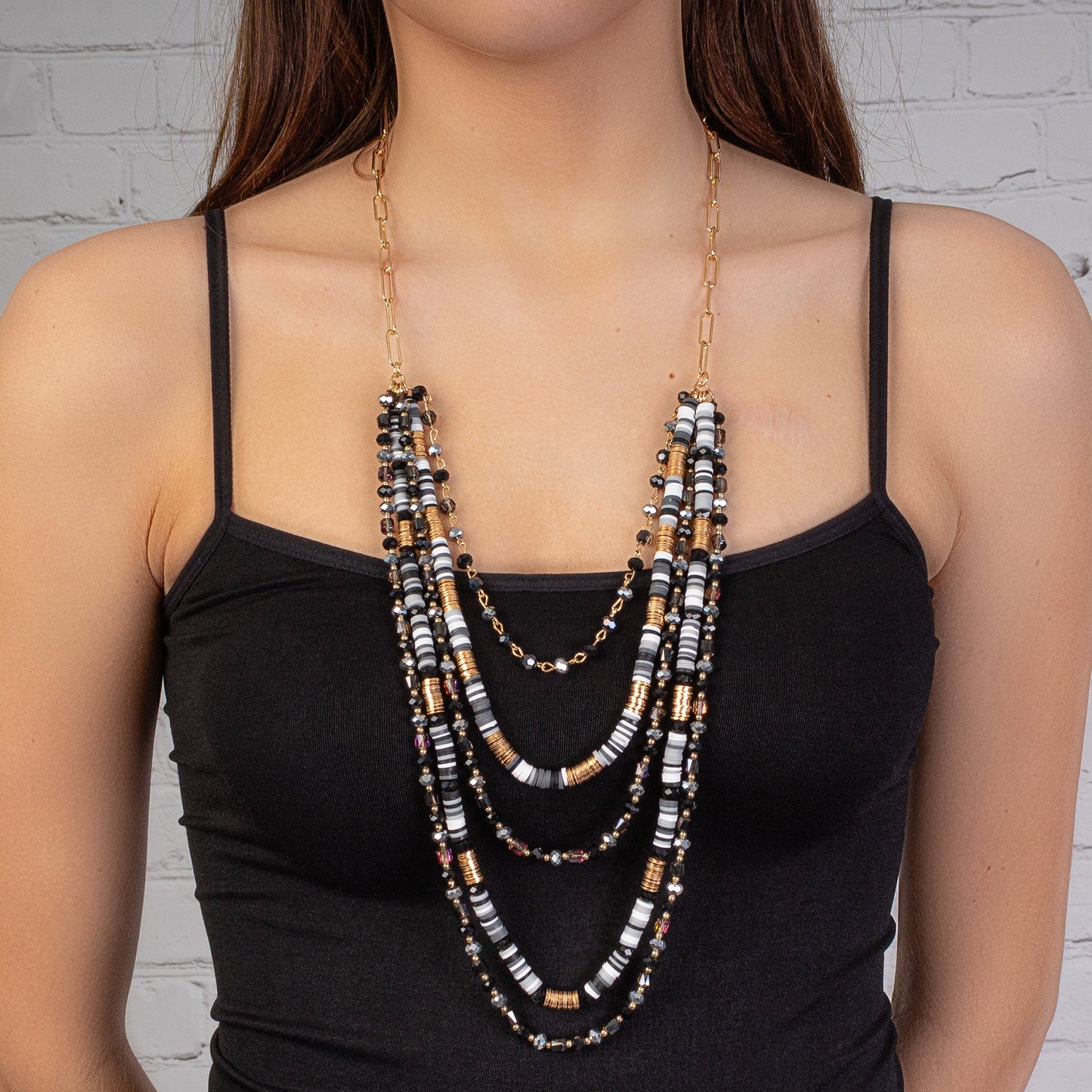 Layered Beaded  & Crystal Goldtone Necklace