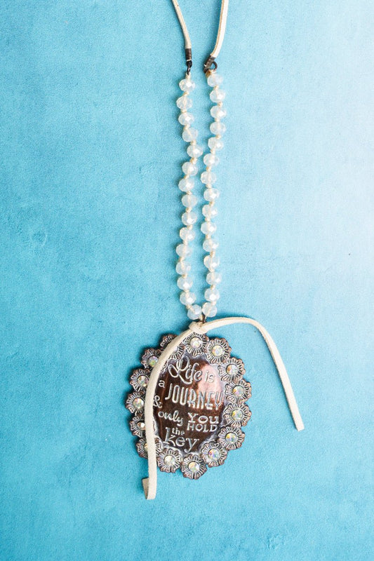 Antiqued Coppertone 'Life Is A Journey' Floral Teardrop Necklace