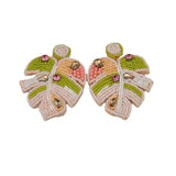 White & Multi Seed Bead w/ Rhinestones Monstera Leaf Earrings