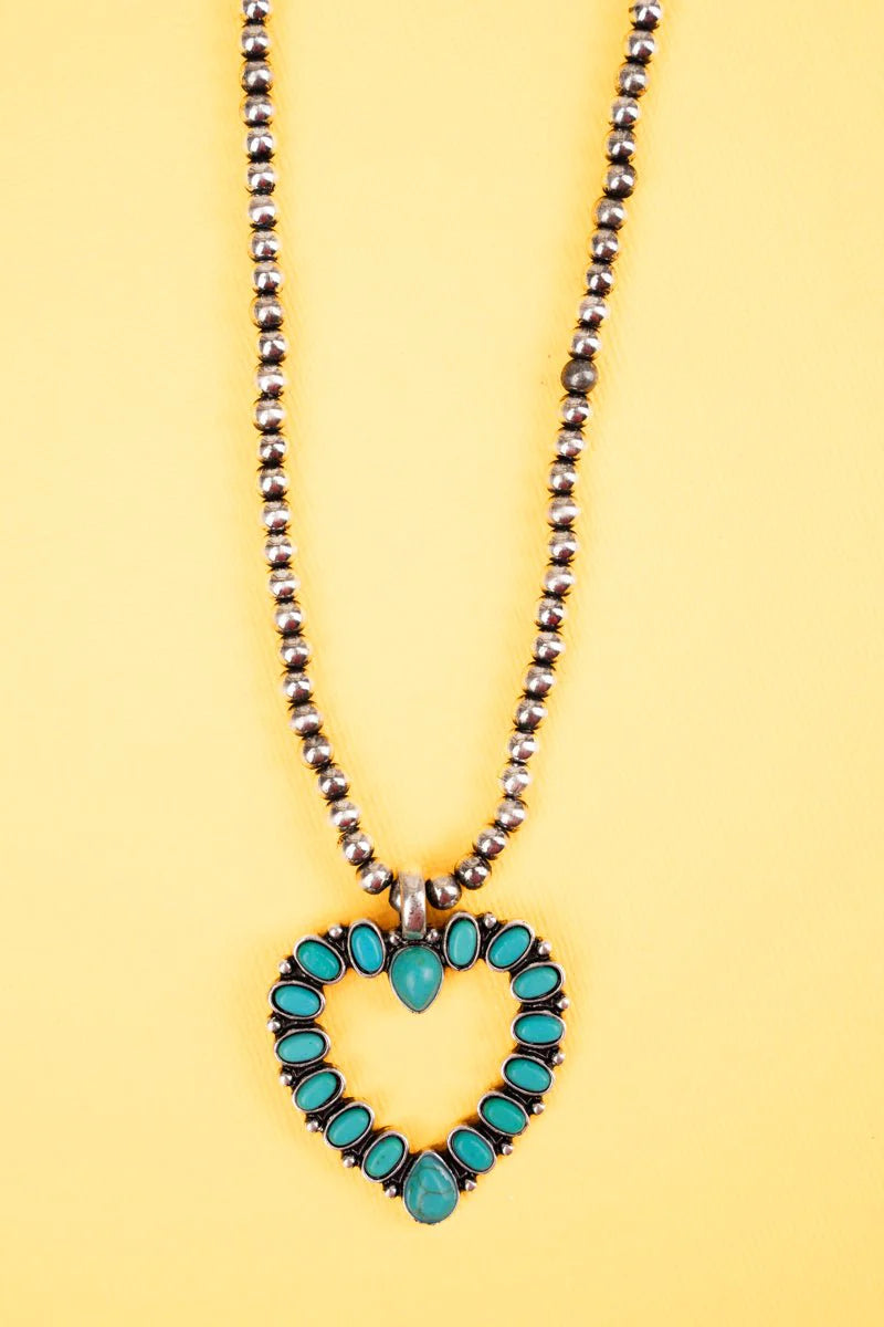 Turquoise Heart & Silvertone Beaded Choker